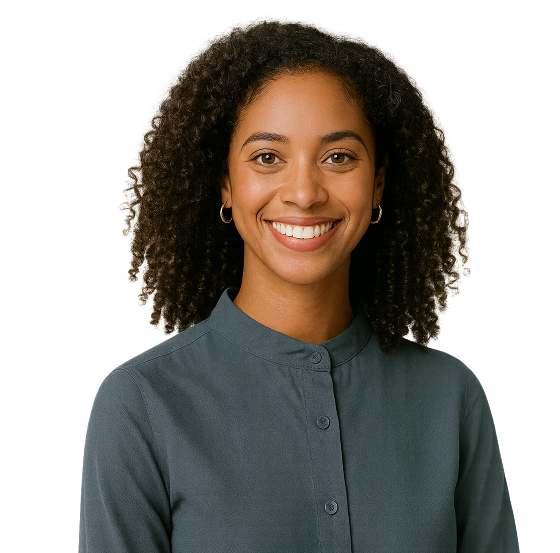 A woman in light blue shirt stands with arms crossed, conveying professionalism and confidence.